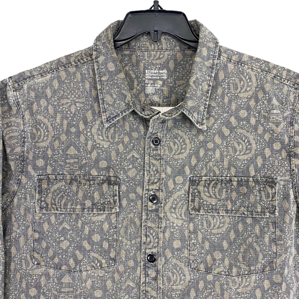 Vintage Stussy Ripstop Button Down Shirt Mens L Grey Geometric Tribal Streetwear